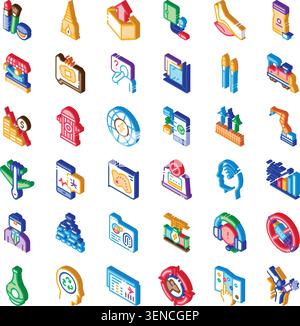 Colorful collection of isometric icon illustrations visualizing a wide range of diverse concepts, symbols, and metaphors, suitable for infographic des Stock Vector