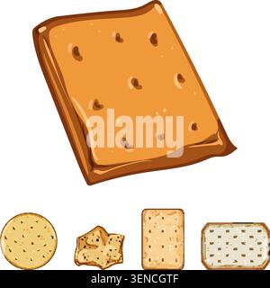 Assortment of baked flatbread items, including rectangular and round crackers with small holes, and crumbled pieces, providing various crunchy snack o Stock Vector