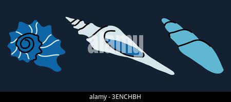 Elongated conch and spiral blue sea shells isolated on dark background. Minimalist aesthetic marine vector elements set ideal for modern nautical Stock Vector