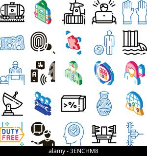 Collection of colorful line and flat icons depicting professional services, industrial, medical, office, logistics, finance, technology and communicat Stock Vector