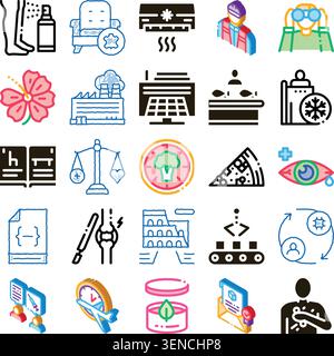 Collection of diverse line and glyph icons representing various concepts across health, food, travel, architecture, sustainability, technology, and in Stock Vector