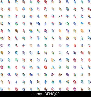 Set of colorful isometric icons illustrating diverse concepts related to business, technology, lifestyle, and everyday objects, perfect for web, apps, Stock Vector