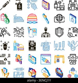 Diverse collection of line and isometric icons representing various concepts including medicine. Food. Finance. Sport. Transportation. Security. And d Stock Vector
