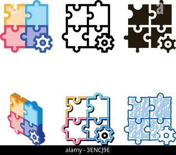Puzzle Game And Gear Agile Element Vector Icon Thin Line. Agile Magnifier And Document, multipack Sandglass Stock Vector