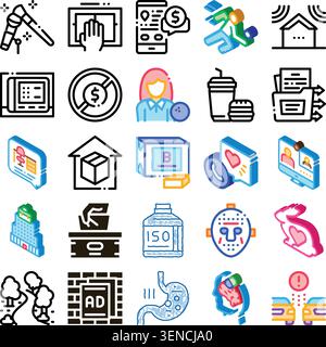 Collection presenting various application features, user interface elements, and conceptual symbols for web and mobile design, covering a wide range o Stock Vector
