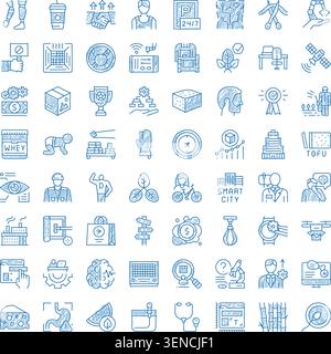 Diverse collection of blue hand drawn line icons depicting various business, technology, sports, and health concepts, ideal for modern design projects Stock Vector