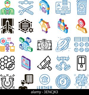 Set of colorful hand drawn style icons showing different professions, global connectivity, time, luck symbols, craftsmanship tools, and personal ident Stock Vector