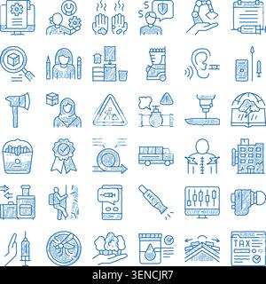 Set of hand drawn blue doodle line icons representing various concepts across industry, health, technology, finance, travel, and environmental protect Stock Vector