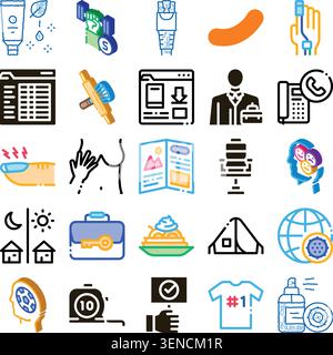 Diverse collection of colorful linear icons and doodle symbols forming a pictogram set, representing flat design and infographic elements for various Stock Vector