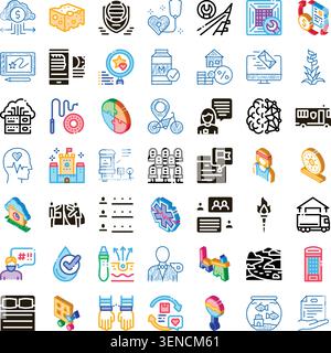Set of vector icons illustrating various concepts including finance, data cloud, healthcare, communication, transport, education, security, and everyd Stock Vector