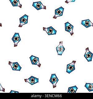pattern Blue liquid poison potion in a distinct bottle featuring a cork stopper and a label with a dangerous skull symbol, representing hazard, magic, Stock Vector