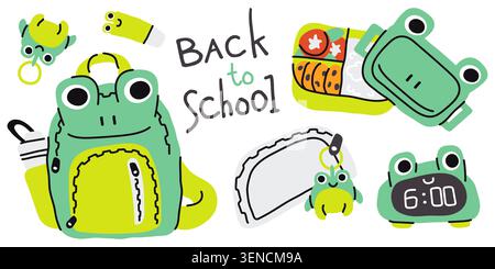 Adorable frog themed school supplies set featuring a green backpack, cute lunch box, frog alarm clock, pencil case with keychain and handwritten text Stock Vector