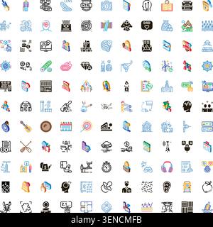 Large collection of colorful and outline vector icons visualizing various themes including business, finance, travel, health, technology, and more, al Stock Vector