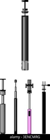Extendable device poles featuring various mechanisms for holding mobile phones, assisting users in capturing wider angle images and video content in a Stock Vector
