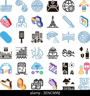 Collection of colorful and outline icons depicting various concepts, including medical symbols, cloud technology, city landmarks, food, travel, and pe Stock Vector