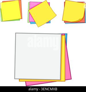 Stacks of blank colorful square sticky notes and memo paper with an empty white note on top offer a versatile template for reminders, messages, commun Stock Vector