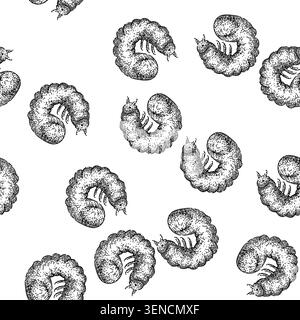 seamless pattern beetle chafer hand drawn. larva soil, grub lawn, silhouette garden beetle chafer black sketch illustration Stock Vector