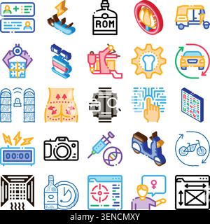 Set of assorted isometric icons representing various themes including technology, lifestyle, medical, transportation, data management, and digital int Stock Vector