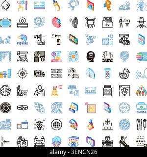 Wide assortment of linear, solid, glyph and isometric icons representing business, technology, finance, health, transport, energy and education in an Stock Vector