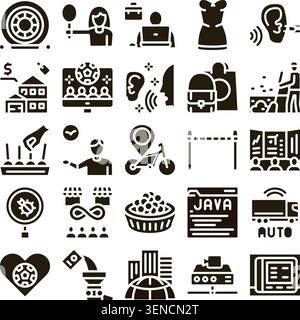 Set of diverse glyph icons depicting a range of activities, professions, technologies, and everyday objects, representing modern life and digital serv Stock Vector