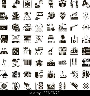 Large collection of diverse glyph icons representing various concepts across business, finance, technology, travel, health, and lifestyle, perfect for Stock Vector