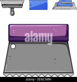 Notched trowel illustration next to other building and kitchen tools, providing essential equipment for spreading materials like cement, tile adhesive Stock Vector