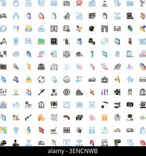 Large grid displaying a wide variety of minimalist line art and isometric icons, representing numerous concepts across business, technology, finance, Stock Vector
