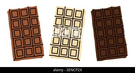 Chocolate bar set of dark, milk and white varieties. Hand drawn illustration of classic cocoa treats for food packaging, confectionery design Stock Vector