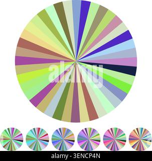 Circular abstract design featuring numerous segments in varied soft pastel colors, radiating from the center, conveying concepts of diversity, choice, Stock Vector
