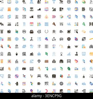Set of numerous flat design outline and isometric glyph icons illustrating a broad range of concepts from business, technology, finance, health, and d Stock Vector