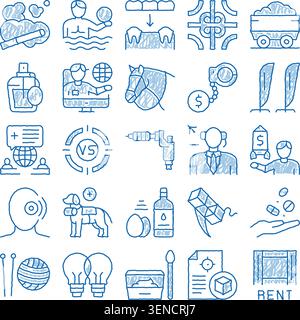Diverse set of blue outline doodle icons depicting business, technology, communication, health, lifestyle and everyday objects in a hand drawn sketch Stock Vector