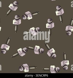 pattern Microphone appearing in a black and white hand drawn engraving style, representing concepts of news, reporting, journalism, broadcasting, and Stock Vector