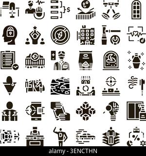 Set of diverse glyph icons illustrating various concepts including finance, analytics, development, logistics, service, industry, manufacturing, and g Stock Vector