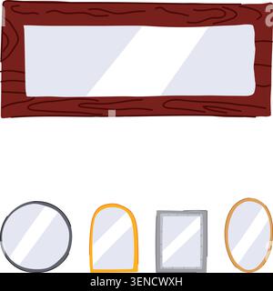 Varied collection of mirrors, including rectangular wooden, round, arched, square metal, and oval wooden frames, for interior design and self reflecti Stock Vector