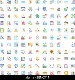 Large set of diverse line icons covering concepts in business, finance, marketing, technology, health, data, food, and daily activities, useful for we Stock Vector