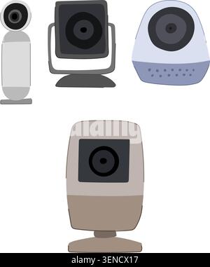 Four distinct types of modern indoor security monitors offering peace of mind, providing smart surveillance for a home, or checking on a baby in a nur Stock Vector