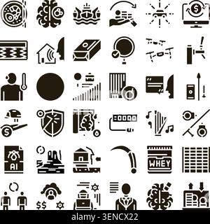 Set of glyph icons representing various concepts including artificial intelligence, finance, communication, manufacturing, agriculture, medicine, and Stock Vector