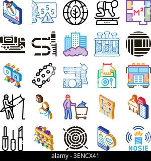 Collection of colorful isometric line icons representing various concepts like environmental protection, urban development, commerce, logistics, and d Stock Vector