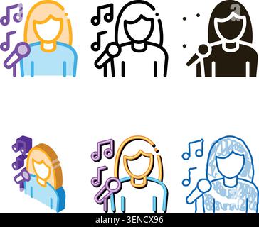Female Singer With Microphone Sing Recital Vector Icon Thin looks Line. Microphone And Dynamic, Concert And Theater, Opera And Karaoke Concept Linear Stock Vector