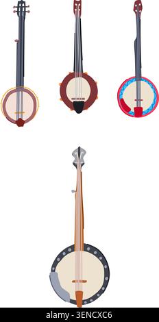 Banjo instruments illustrating stringed music elements for traditional sound, often associated with country and bluegrass genres, presented on a clean Stock Vector