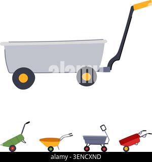 Garden carts and wheelbarrows collection showcasing various types of tools for gardening, construction, farm work, and outdoor tasks, isolated on whit Stock Vector