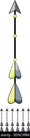 Stylized arrow graphic featuring a gray arrowhead, a black shaft adorned with orange beads, and two delicate heart shaped feathers, symbolizing direct Stock Vector