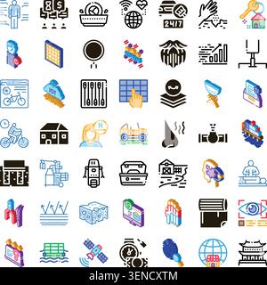 Set of isometric thin line icons illustrating various modern applications, daily life activities, business processes, and conceptual themes on a clean Stock Vector