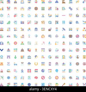 Large collection of diverse pixel perfect linear color icons representing various concepts for business, technology, communication, education, health, Stock Vector