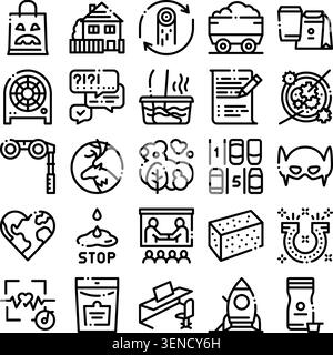 Black and white outline icons illustrating various concepts including finance, environment, education, technology, health, and personal development in Stock Vector