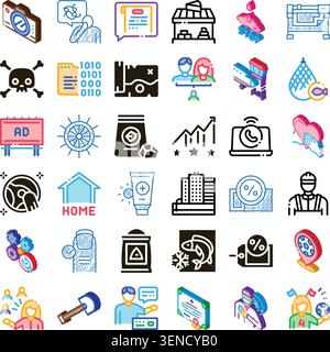 Diverse colorful vector icon set covering finance, social, industry, web design, education and medical services, ideal for apps, interfaces, infograph Stock Vector