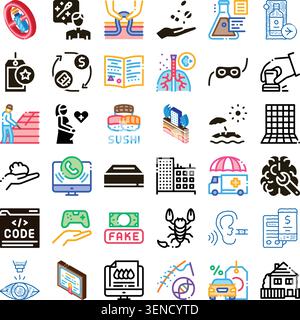 Set of assorted glyph and line icons illustrating a wide range of concepts including business finance, medical health, technology, education, lifestyl Stock Vector