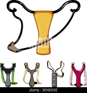 Slingshot implements displaying classic wooden and modern designs for outdoor games, targeting practice, or playful childhood activities with various Stock Vector