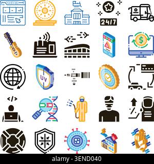Collection of line icons illustrating various concepts from modern technology, online services, global connectivity, healthcare, and security on a whi Stock Vector
