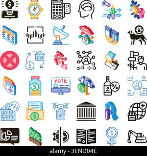 Collection of colorful icons representing various business, finance, management, and technology concepts, illustrating different aspects of economic a Stock Vector